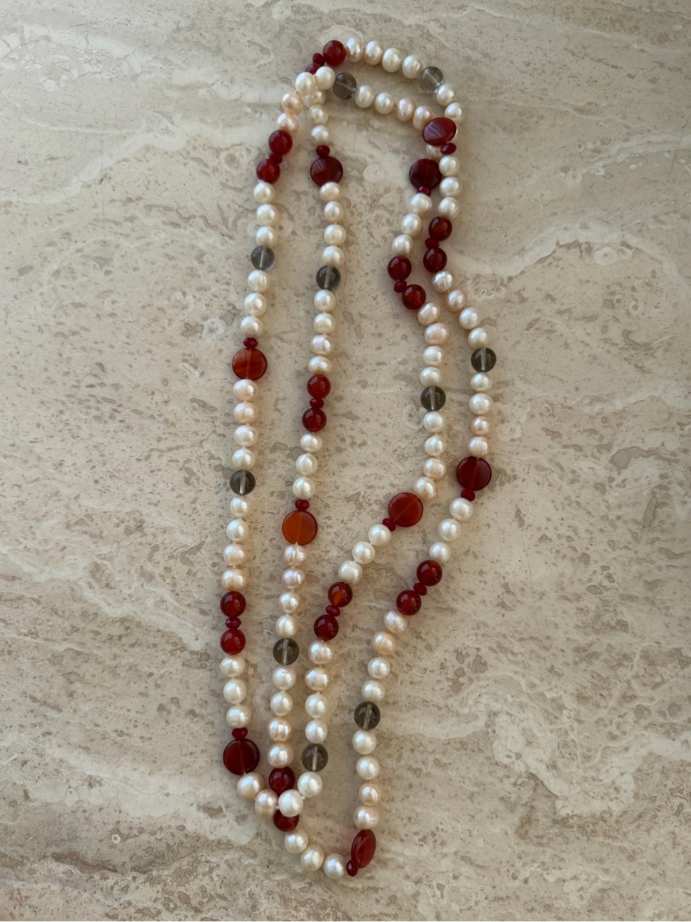 Freshwater Pearl Carnelian Red Agate Long Layering Necklace 27”